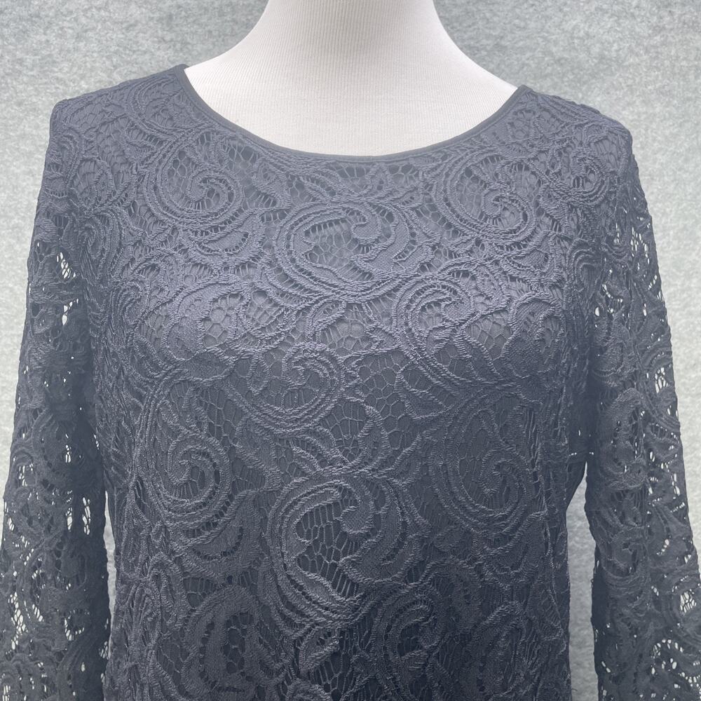 Adrianna Papell Womens Large Black Crochet Top Long Sleeve Lined Zip Back Formal - Picture 2 of 11